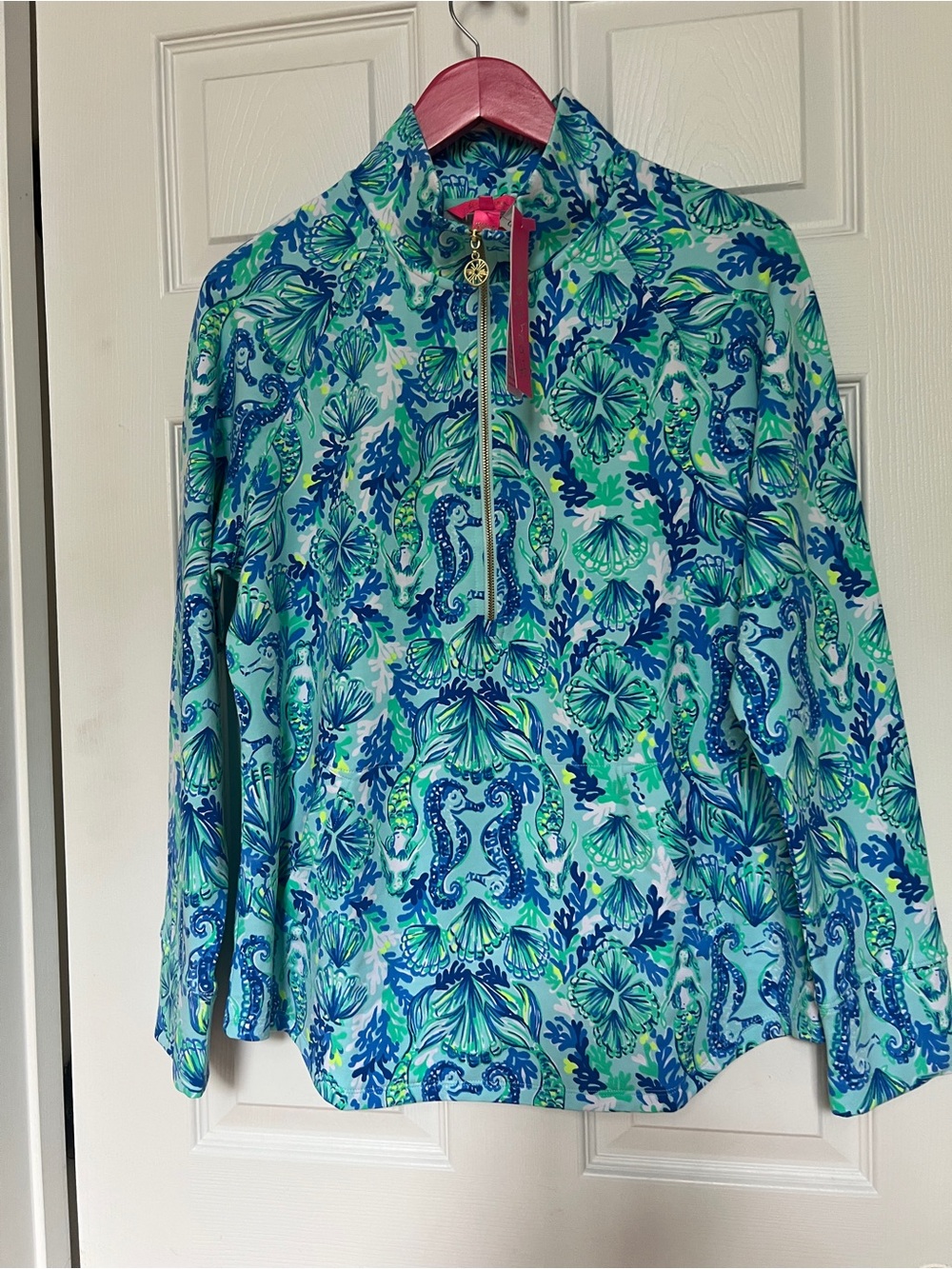 NWT Lilly Pulitzer Skipper Popover Top Sea Glass Aqua Seeing Double L